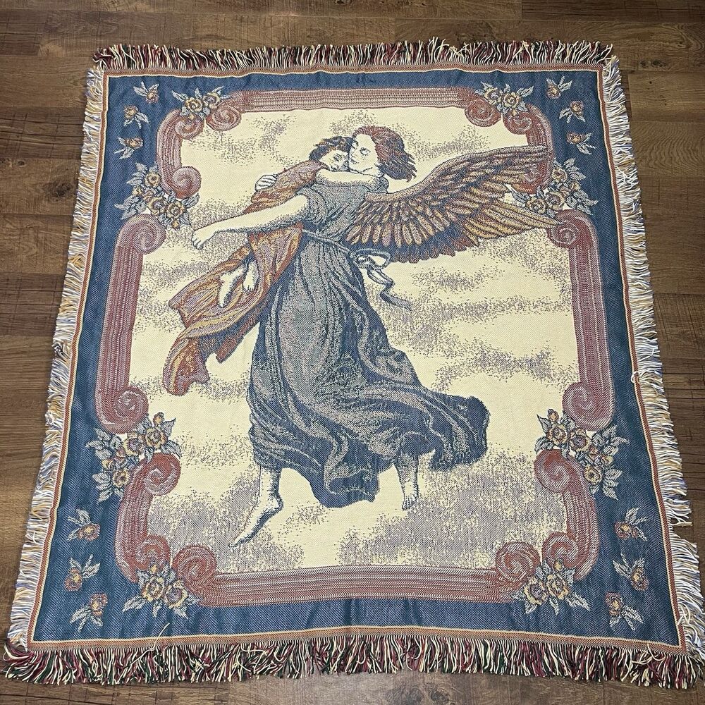 Vintage American Weavers Guardian Angel Throw Tapestry Wall Hanging 58 X 52